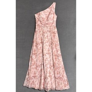 Azazie Gown A8 Pink Fern Floral A Line Chiffon Maxi One Shoulder Bridesmaid